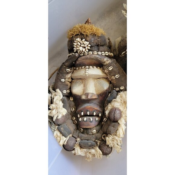 African Tribal Mask With Cowrie Shells Handcrafted Wooden Wall Decor - Picture 3 of 16